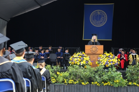 UCSB graduate Ali Bauerlein, a co-founder of Inogen, delivered the keynote address during the 2019 COE Commencement Ceremony