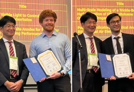 Ryan Berry (left) and Norleakvisoth Lim are presented with their awards by Manabu Ihara, director of the Institute of Science Tokyo's Academy of Energy and Informatics