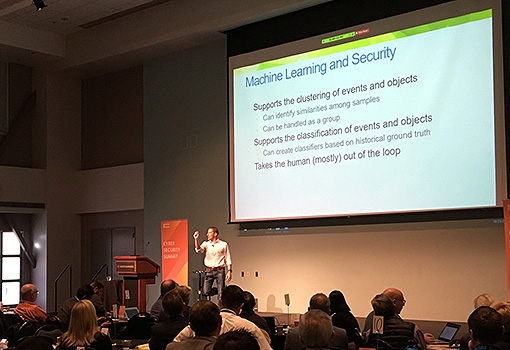 Professor Giovanni Vigna delivers the keynote address on artificial intelligence as a security tool. Photo by Harrison Tasoff