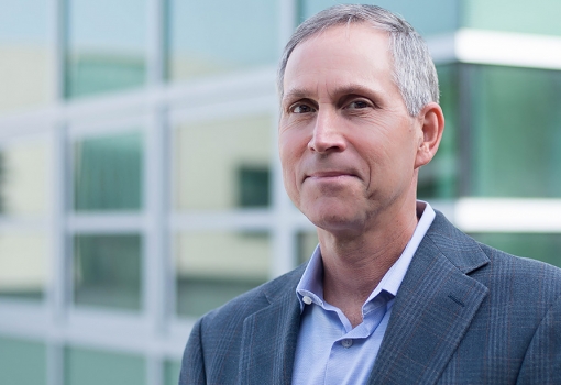 Professor Glenn H. Fredrickson outside his office in the Materials Research Laboratory building.