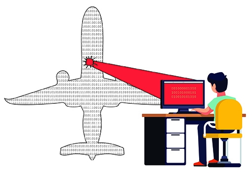 Illustration of a person at a keyboard working working with binary code to provide a patch for software in an airliner. 