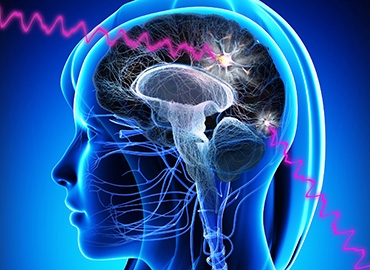Artist's interpretation of lightwaves being directed at the brain to monitor activity