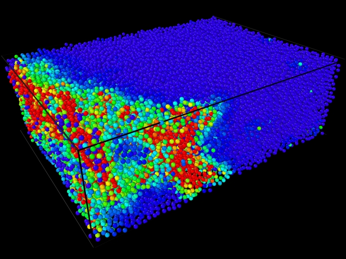 In this snapshot showing a reconstruction of a compression experiment, the red particles indicate hotspots, where atoms are rearranging as a prelude to failure.