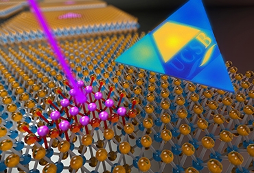 An artist’s representation showing an electron beam (in purple) being used to create a 2D superlattice made up of quantum dots having extraordinary atomic-scale precision and placement. Professor Kaustav Banerjee and his team of researchers at UCSB were able to size and position the quantum dots so precisely that when they were excited with lasers, they emitted light over a range of frequencies to spell out the letters “UCSB.”