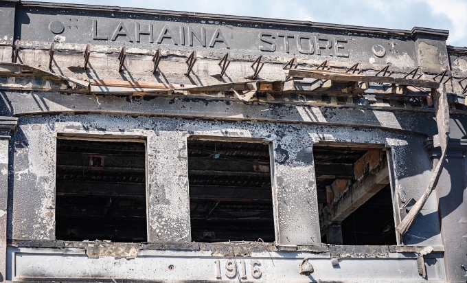 The charred facade of one of Lahaina's signature waterfront businesses.