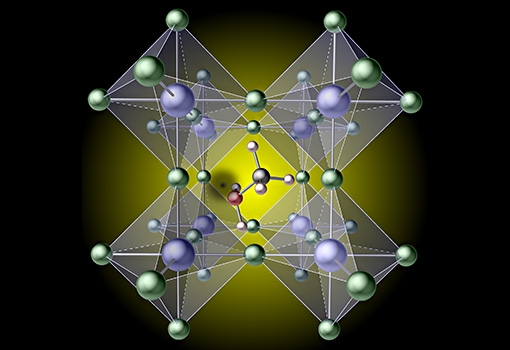 Artist's concept illustration depicts a hydrogen vacancy (the black spot left of center) created by removing hydrogen from a methylammonium molecule, which traps carriers in the prototypical hybrid perovskite, mehtylammonium lead iodide CH3NH3Pbl3. Illustration by Xie Zhang