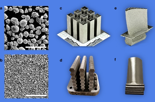The image shows electron scanning microscopy images of sands melted for 3D printing and printed results made with the new cobalt-nickel superalloy.