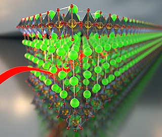 Artist's interpretation of a charge density wave flowing through a lattice of doped strontium iridium oxide.