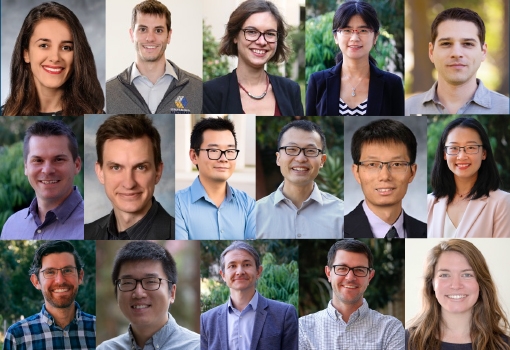 Top Row (l to r): Mahnoosh Alizadeh, Christopher Bates, Raphaele Clemente, Yufei Ding, John Harter; Middle Row (l to r) Alban Sauret, Yon Visell, William Wang, Yu-Xiang Wang, Zheng Zhang, Yangying Zhu; Bottom Row (l to r): Elliot Hawkes, Bolin Liao, Paolo Luzzatto-Fegiz, Galan Moody, Angela Pitenis