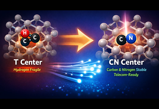 Image depicting the relative merits of the "hydrogen fragile" T Center vs. the carbon- and nitrogen-stable, telecom-ready CN Center