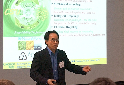 A presenter at the polymer-upcycling workshop at UCSB