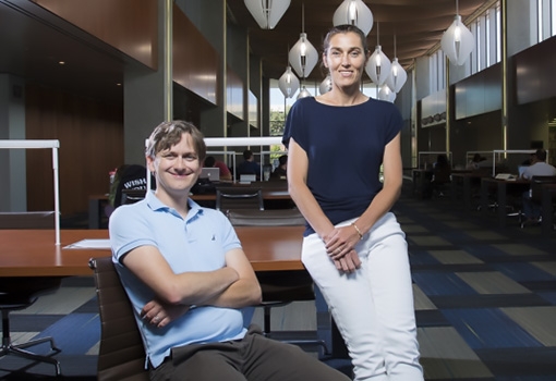 Quantum Foundry co-directors Ania Bleszynski Jayich (physics) and Stephen Wilson (materials). Photograph by Matt Perko.