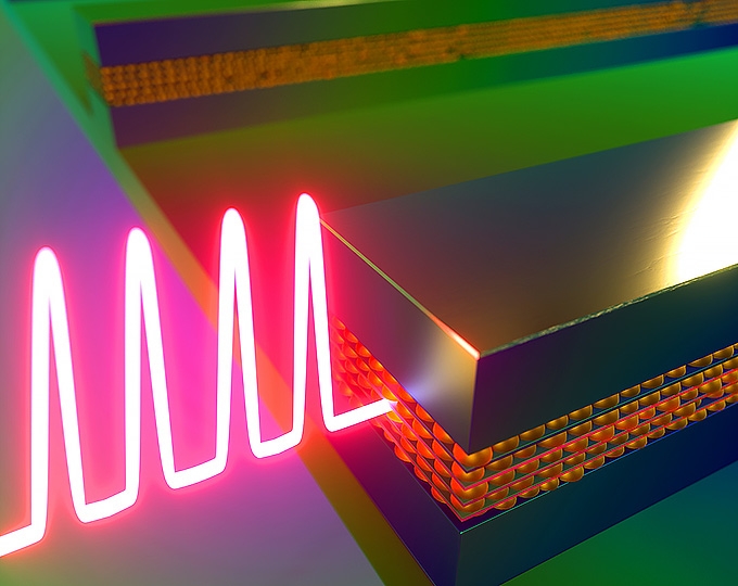 artist rendering of quantum dot-enhanced laser light emitted from silicon chip