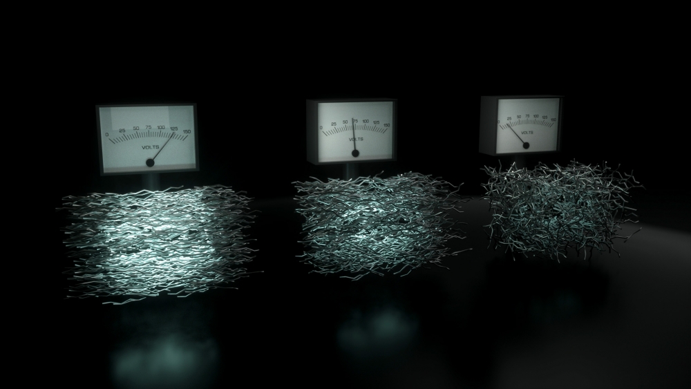 Artist's depiction of voltmeters and collections of polymer chains represented as bundles of "sticks." Voltage increases as molecular chains become increasingly organized.
